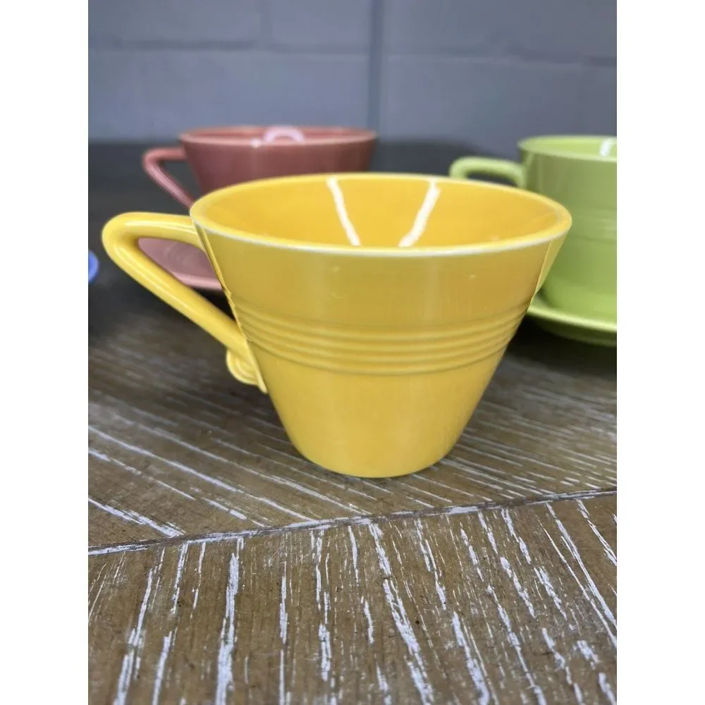 Homer Laughlin China - Harlequin 4 Cups 3‎ Saucers - Chartreuse Yellow Blue Rose